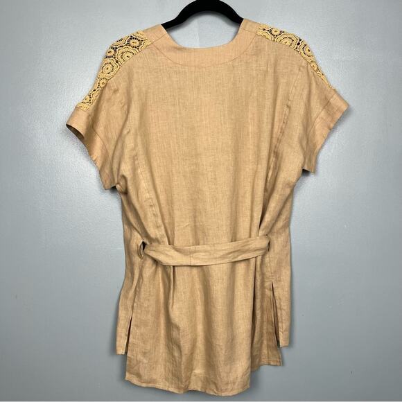 NWT Miguelina Regina Sample Linen Crochet Lace Blouse Waist Tie Camel Tan Size S - Picture 2 of 9
